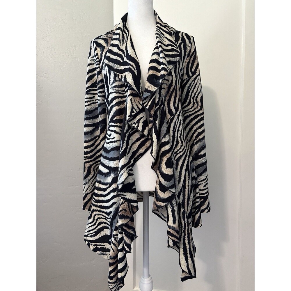 Frank Lyman Zebra Animal Waterfall Cardigan Sz 12 Open Front Drape Mob Wife